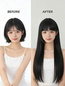 Peluca negra recta de 24 pulgadas de largo con flequillo, corte de princesa, cabello sintético natural para mujeres para cosplay y uso diario - Multicolor - Ver 6