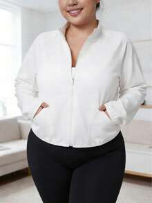 Plus Size Women's Full Zip Stand Collar Pockets Sports Jacket, Outdoor Running Hiking Fitness Coat, Casual Loose Workout Pullover Top