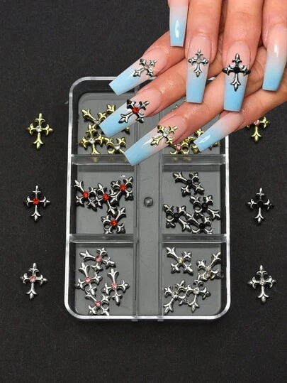 30pcs Y2K Gold Silver Black Cross Nail Decorations Set With Rhinestones Alloy Nail Art Charm Accessories For Manicure DIY Styling Nail Supplies