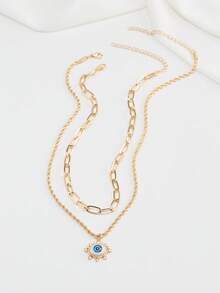 Nooxian 2pcs Personalized Elegant Braided Chain With Evil Eye Pendant Necklace Set For Women (Chain, Clasp & Bead Quantity Randomly Assorted) - Yellow Gold - View 2
