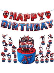 31件套卡通蜘蛛主题蛋糕装饰套装，包括蛋糕装饰牌和横幅，采用酷炫的红色和蓝色动态蜘蛛设计，适合生日派对和其他庆祝活动，可为蛋糕和派对场所增添超级英雄氛围，营造生动的庆祝场景。 - 彩色 - 查看 3
