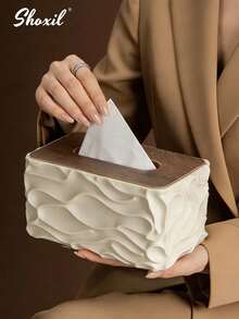 shoxil 1pc Cream-Colored Tissue Box, Wavy Surface Design And Wooden Box LidCan, Be Used As A Desktop Tissue Holder Or A Bathroom Tissue Box. Making It Suitable As Both A Bathroom Decor Item And An Ideal Gift For Holidays And Housewarming. Suitable For Home Decor, It Can Be Used In The Bathroom, Living Room, And Office - Tissue Box - View 7