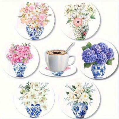 6pcs/Set Round Wooden Coasters - Spring/Summer Floral, Tulip & Blue & White Porcelain Printed Design, 2D Flat Printing - Heat-Resistant Drink Coasters, Ideal For Home And Office Decor | Perfect For Coffee Tables, Desks, Kitchens, Tabletops | Great For Easter, Valentine's Day, Wedding Season, St. Patrick's Day, 4th Of July, Holiday Dining | Decorative Tableware |