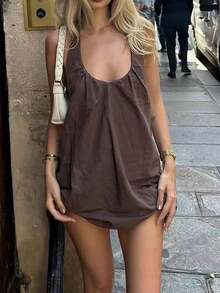 女士纯棉荷叶边泡泡下摆吊带V领露背性感夏季吊带连衣裙派对优雅 - 棕色 - 查看 8
