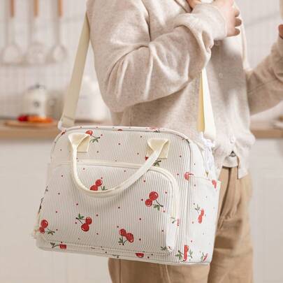 1 pièce Sac à déjeuner portable en velours côtelé, grand sac isotherme réutilisable, sac bento, sac thermique pour le dîner avec bandoulière, sac à déjeuner épais et mignon pour étudiant, facile à nettoyer, doublure imperméable, sac à déjeuner imprimé étoile léopard rose cerise pour l'école, le pique-nique en plein air