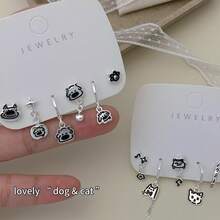 Juego de aretes de gato de dibujos animados lindos, aretes de botón pequeños de gato, aretes versátiles de perro para estudiantes - Plateado - Ver 3