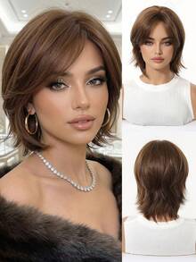 14 Inch Brown Bobbed Wig With Bangs, Heat Resistant Y2K Style Wig For Women, Suitable For Parties And Cosplay - Brown - View 2