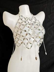 2026 New Sexy Lingerie Accessories, Handmade Spaghetti Strap Bralette, Fishnet Sequins Beaded Bodychains, Suitable For Party, Nightclub, Hotel, Carnival, Beach, Holiday - Silver - View 9