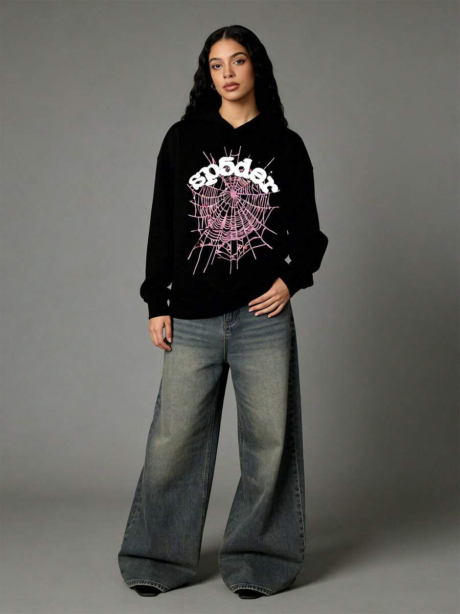 Men's Y2K Hoodie Hip Hop Spider Web Lettering Printed Sweatshirt - Đen 3 - Xem 1