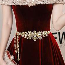 Women's Rhinestone Inlaid Chain Waist Belt, Luxurious Gold-Tone Waist Chain - Gold - View 9