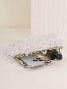 2025 Spring/Summer New White Romantic Wedding Season 1pc White Mesh Ruffle Tassel Clasp Rhinestone Embellished Handbag, High-End Luxury Women's Formal Dress Evening Bag, Bridal Wedding Party Clutch - White - View 4