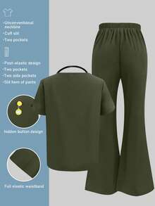 Solid Color V-Neck Short Sleeve Top And Split Leg Pants Nurse Scrub Uniform, Lab/ Center/Veterinary Hospital Work Wear Set With Pockets Spring - Army Green - View 2