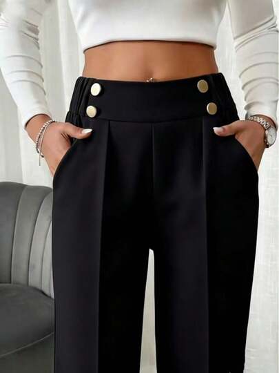 Women's Elastic Waist Double Buckle Loose Wide Leg Pants, Elegant Casual Leg Slimming Black Loose Straight Leg Commuter Pants, Suitable For Daily Commute, Work Office In Spring/Summer