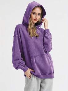 Women's Oversized Unisex Retro Acid-Wash Hooded Sweatshirt - Heavy-Duty Couple Matching Streetwear Pullover With Pocket, X-Line Fit (Plus Size), All-Season Casual Hoodie For Men & Women - Christmas Gift - 紫色 - 查看 5