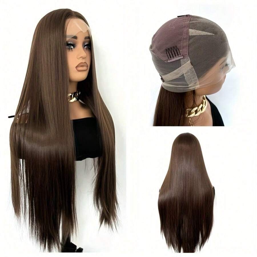 NATAN 26" Brown Full Lace Wig For Women - Luxurious 180% High-Density Straight Synthetic Hair With Pre-Plucked Hairline, Heat Resistant Fiber, Natural Looking, Soft To Touch, And Easy To Style - S4 - View 1