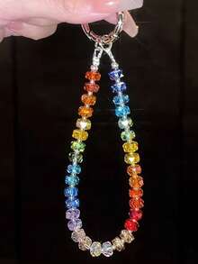 Summer Colorful Beaded Crystal Lanyard Strap, Fashionable Long Diagonal Phone Hanging Chain, Luxury Crystal Bead Phone Lanyard, Short Beaded Keychain Wristlet - Multicolor - View 4