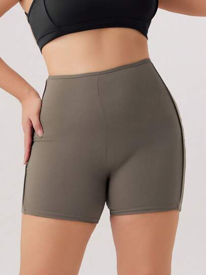 1件装 女士加大码高腰纯色塑形弹力运动短裤 夏季