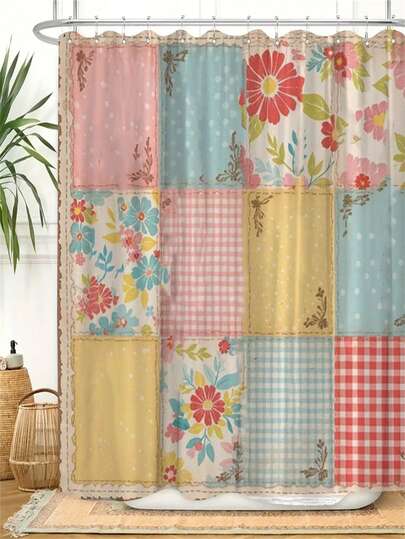 1pc Polyester Quilted Floral & Plaid Patchwork Shower Curtain, Vibrant Colors, Vintage Texture, 12 Hooks