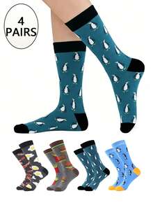 1双/2双/4双装趣味卡通企鹅印花中筒袜，独特时尚男女通用休闲中筒袜，男士船袜 - 彩色 - 查看 1