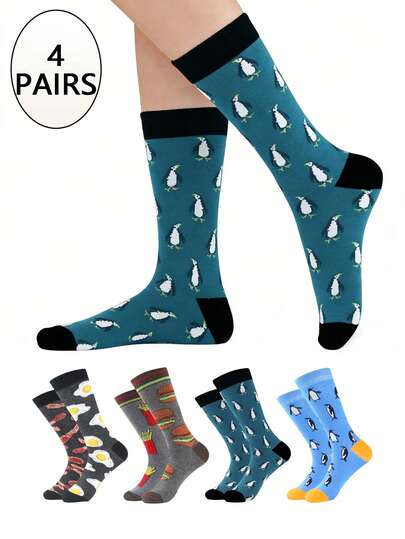 1 par/2 par/4 par roliga tecknade pingvintrycksstrumpor till vaden, unika moderiktiga unisex casual vadstrumpor, herrstrumpor med rund hals