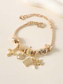 1pc Fashionable Heart, Cross, Floral Beaded Bracelet With Golden Tone Charm Pendant For Women - Yellow Gold - View 5