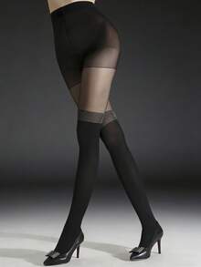 女士黑色高腰假腿袜。撞色拼接设计，搭配闪亮银色饰边，打造显瘦效果。弹性舒适。适合日常通勤和休闲外出穿着。 - 黑色 - 查看 2
