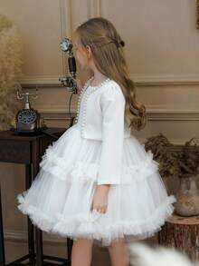 2件套女童串珠薄纱网纱派对礼服，优雅公主裙，花童礼服，适合特殊场合、正式活动、化装舞会、生日派对等。 - 白色 - 查看 4