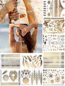 9张金色闪光临时纹身贴纸，金属质感，图案包括金色狮子、节日太阳、月亮、星星和蝴蝶，适合狂欢节派对和节日装扮的假纹身贴纸。 - 金色 - 查看 7