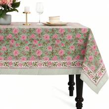 1pc Elegant Floral Tablecloth - 51x70 Inch Rectangular Linen Table Cover With Pink Roses & Green Leaves Design, Machine-Made For Weddings, Spring\/Summer Dining Decor, Durable & Easy-Clean Tablecloth For Home Or Event Use, Wedding Table Decor, Spring Summer Decor, Decorative Table Cover, Easyclean Fabric - Nhiều màu - Xem 5
