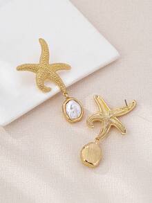 1 Paar modische, zarte Perlen-Seestern-Anhänger Ohrringe, Ozean-Stil Strandresort Schmuck für Frauen, geeignet für den täglichen Gebrauch, Urlaub, Party-Accessoires - Gold - Übersicht 4