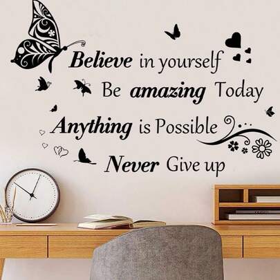 One Set Of Butterfly Slogan Wall Stickers For Home Decoration. Black Text, Inspirational Phrases, Suitable For Living Rooms, Bedrooms, Dining Rooms, Etc. Self-Adhesive, PVC Material, Removable And Waterproof. Stickers, Wall Stickers, Home Decorations, Spring Decorations, Give Your Home A Fresh New Look. Rama Decorative Stickers.