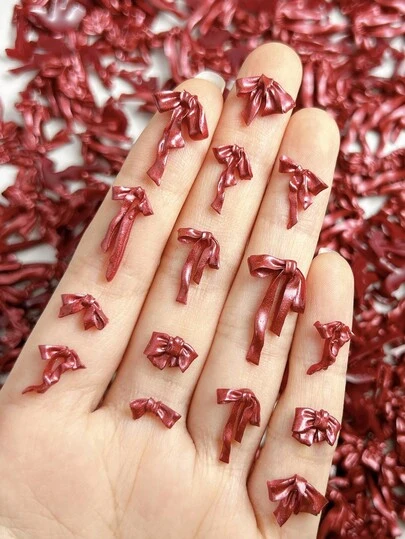30Pcs Pearl Luster Wine Ted Bow Nail Charms Ribbon Sash Small Bow Tie Shimmering Satin Ribbon Bow DIY Nail Accessories Suitable For Valentine's Day Dates Nails