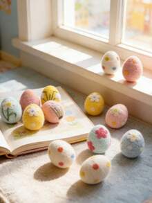 1/4 piezas Huevos de Pascua de fieltro de lana hechos a mano - Huevos de Pascua decorativos con textura y coloridos con patrones florales y de conejitos, decoraciones artesanales adecuadas para decoración de mesa, habitación, colgantes en el árbol de Navidad, decoración de canasta, decoración de bandeja escalonada, manualidades, exhibición de Pascua, decoración de fiesta y decoración del hogar de primavera - Multicolor - Ver 8