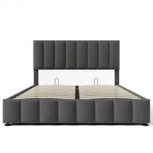 (=28379900AAG) Hydraulic Double Bed Upholstered Bed 140x200cm, Adjustable Headboard, Bed With Slatted Base And Metal Frame, Linen Material, Modern Bed Frame With Storage, Grey (Mattress Not Included) - Gray - View 3