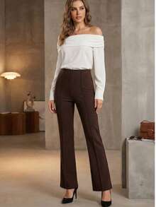 Women's Elegant Black Flare Leg Long Pants With Medium Stretch And Zipper Detail - Brown - View 3