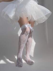 1 Pair Women's Lace Thigh High Socks, Fashionable And Versatile For Multiple Occasions - White - View 6