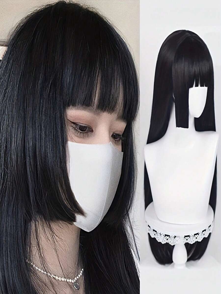 Peluca negra recta de 24 pulgadas de largo con flequillo, corte de princesa, cabello sintético natural para mujeres para cosplay y uso diario - Multicolor - Ver 1