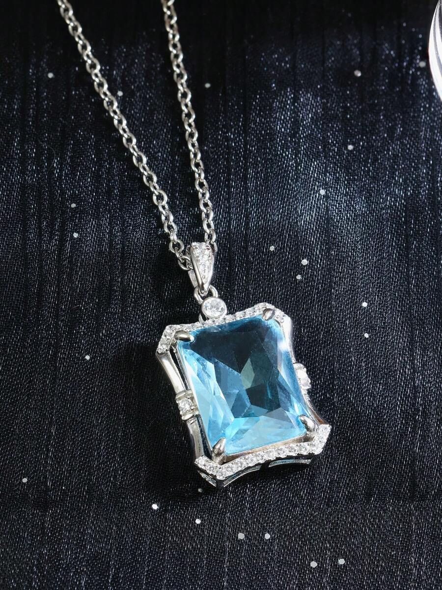 1pc Sky Blue Center Stone Necklace, 925 Silver, Unisex, Luxury & Fashion, Jewelry Gift For Family, Friends, Mother's Day - Baby Blue - View 1