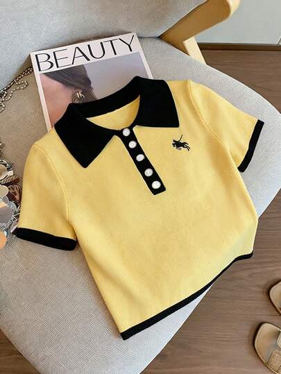 Women's New Style Yellow Contrast Button Down Half Placket Embroidered Short Sleeve Collared Top, Elegant Fashionable Temperament Commuting Formal Knit Short Sleeve Sweater, Spring And Summer