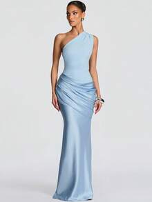 2026 FW New Arrival Women's Elegant Slim Dress - European American Backless One-Shoulder Ruched Sleeveless Cocktail Dress - 藍色 - 查看 1