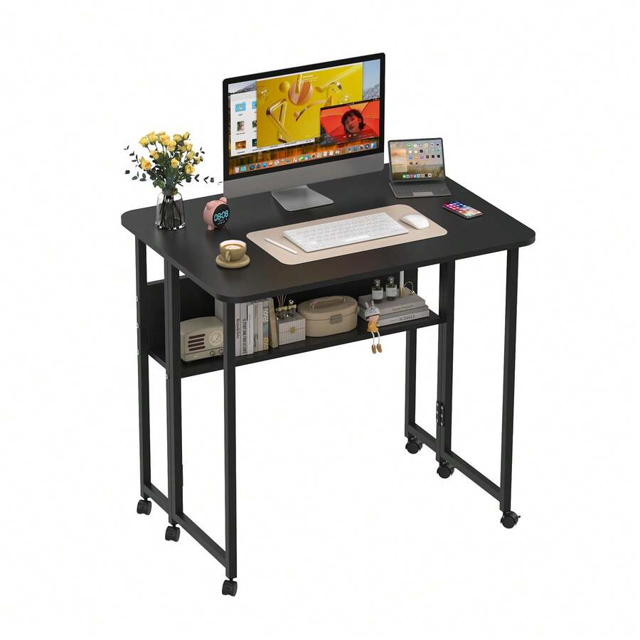 Side Table, Portable Folding Table, Foldable Computer Desk With Storage, Suitable For Bedroom, Office, 80 * 58 * 75 Cm - màu đen - Xem 1