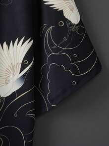 日式复古和服开衫，七分袖宽松仙鹤印花轻薄外套，休闲夏季度假防晒上衣，日式传统风格上衣 - 黑色 - 查看 5