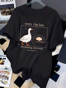 Camiseta negra de manga corta con logo de ganso blanco y estampado de sol para mujer talla grande, casual, para vacaciones y viajes - Negro - Ver 1