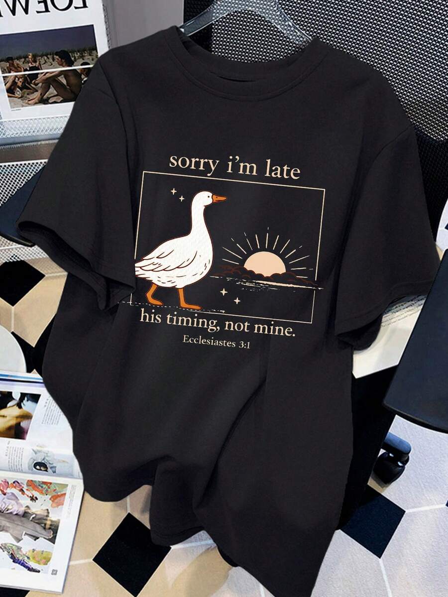 Camiseta negra de manga corta con logo de ganso blanco y estampado de sol para mujer talla grande, casual, para vacaciones y viajes - Negro - Ver 1