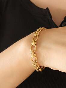 1 pieza Pulsera de hombre, pulsera de cadena de acero inoxidable hueca y ovalada hecha a mano, accesorio casual de regalo (cantidad de eslabones/cuentas al azar) - Dorado - Ver 6