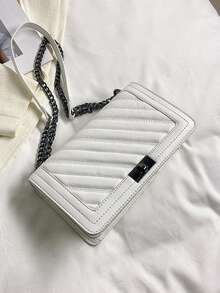 Herringbone Embroidered Twist Lock Small Square Shoulder Bag Crossbody Bag Chain Strap Women Handbag - White - View 8