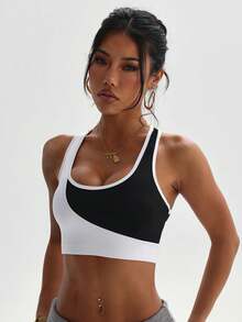 Women's Solid Color Fashion Removable Padded Black & White Patchwork Sports Knit Bra - Black and White - View 1