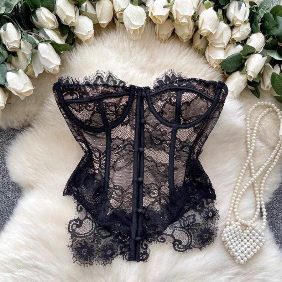 1 Piece Red & Black Leather Corset Top, Featuring Delicate Lace Edging, Deep Plunge Buttoned Front & Sculpted Silhouette For A Figure-Flattering Look, Timeless Retro Elegant Bustier Ideal For Getaways, Social Events, Travel Adventures, Halloween Parties & Valentine's Occasions - 黑色 - 查看 1