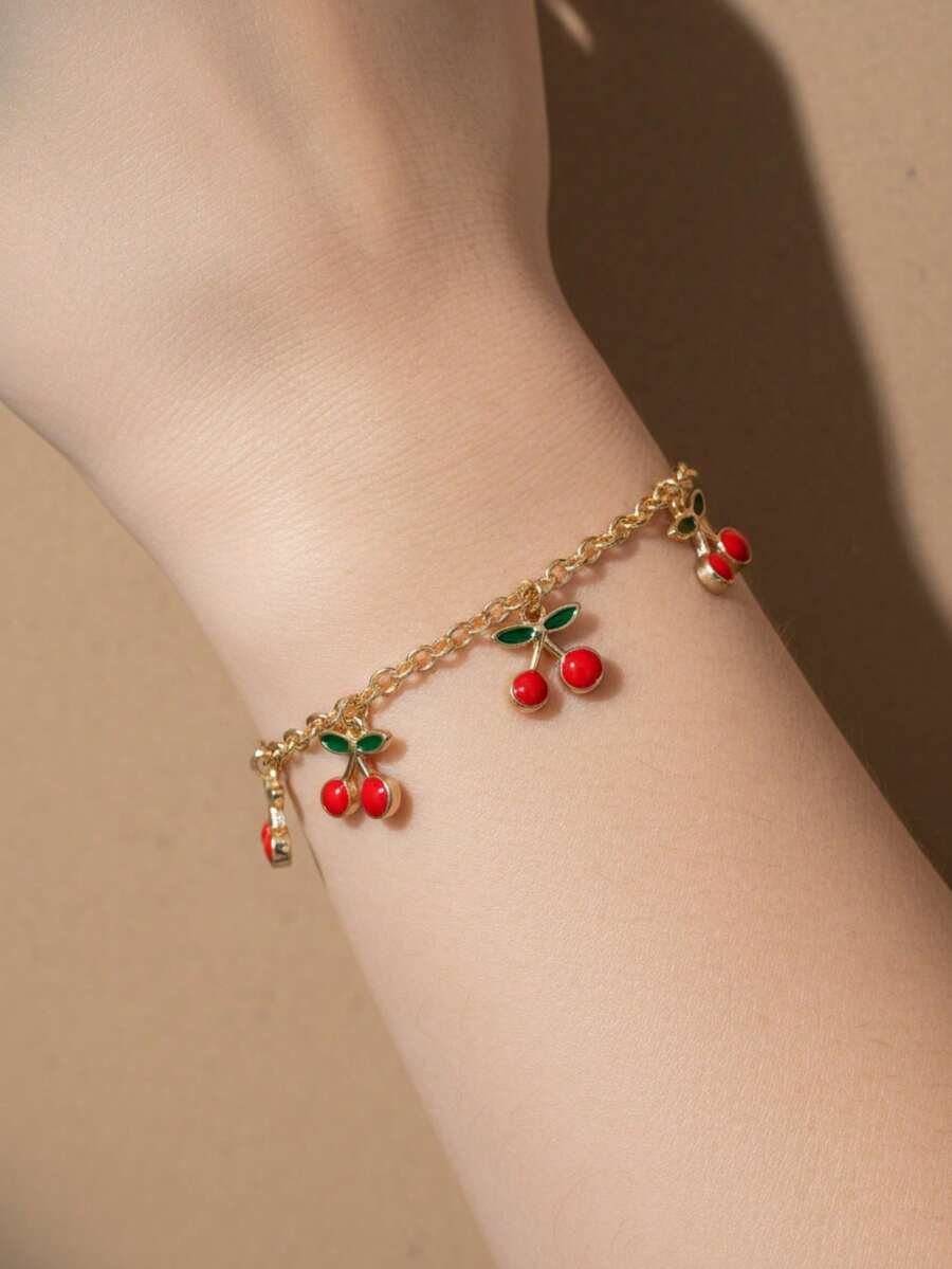1Pc Sweet And Cute Cherry Bracelet Featuring A Simple And Versatile Design With Heart, Bow, And Tassel Elements, Perfect As A Delicate Gift For Holidays Or Birthdays. - Multicolor - View 1