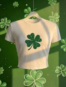 St. Patrick's Day Clover Print Slim Fit Women's Round Neck Short Sleeve T-Shirt, Spring/Summer - White - View 8